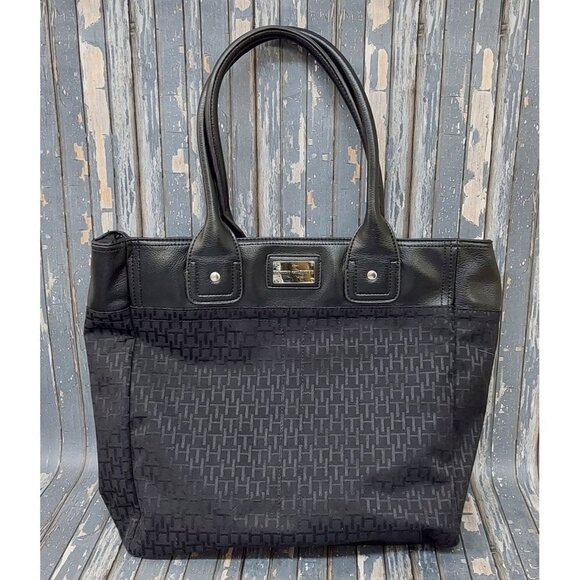 Mint Condition Tommy Hilfiger Solid Black Logo Tote Purse Shopper Shoulder Bag - Picture 1 of 11